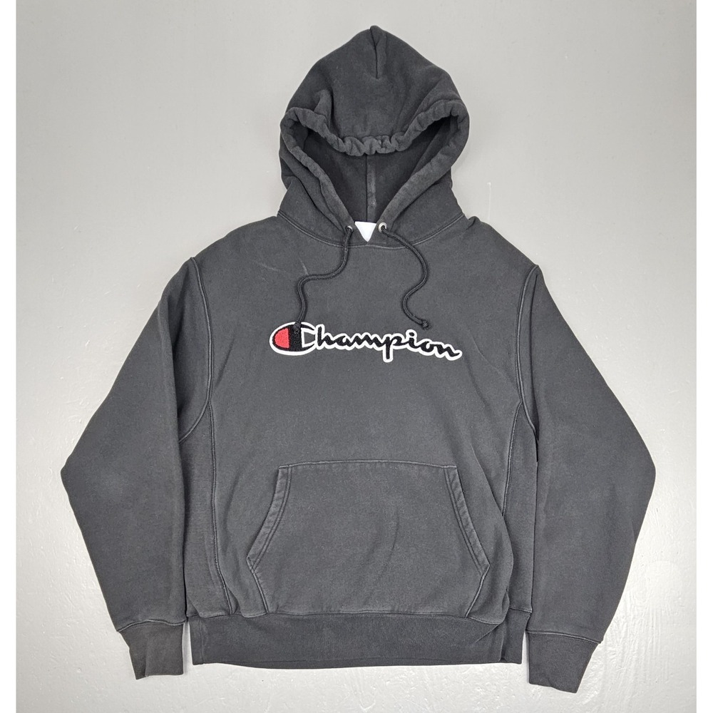 Vintage Champion Reverse Weave Hoodie Mens Large Black Big Embroidered Logo